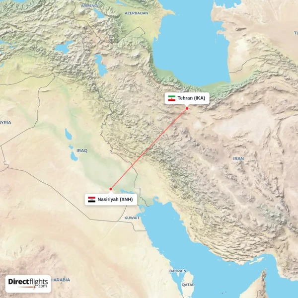 Tehran - Nasiriyah direct flight map