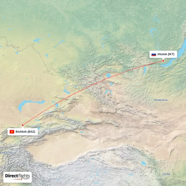 Irkutsk - Bishkek direct flight map