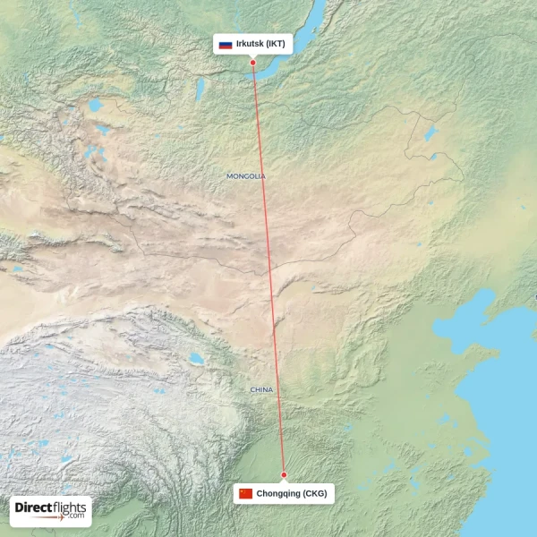 Irkutsk - Chongqing direct flight map