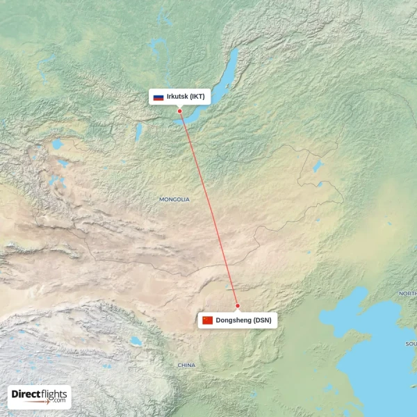 Irkutsk - Dongsheng direct flight map