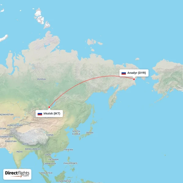 Irkutsk - Anadyr direct flight map