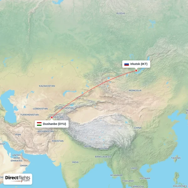 Irkutsk - Dushanbe direct flight map