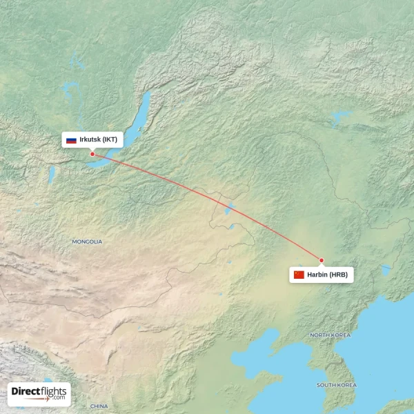 Irkutsk - Harbin direct flight map