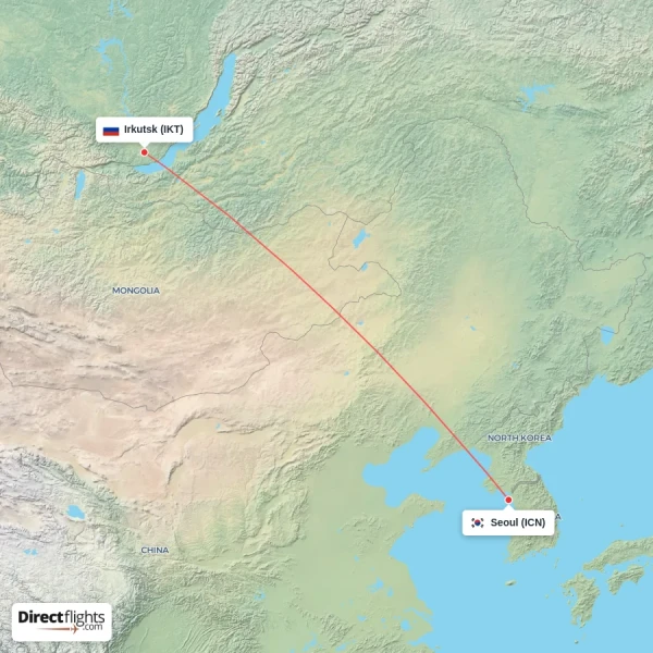 Irkutsk - Seoul direct flight map