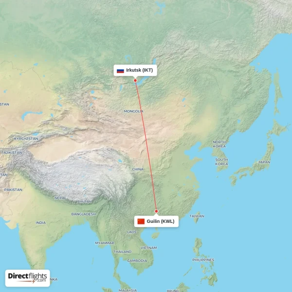 Irkutsk - Guilin direct flight map
