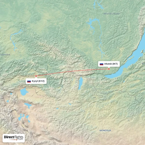 Irkutsk - Kyzyl direct flight map