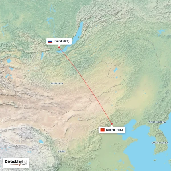 Irkutsk - Beijing direct flight map