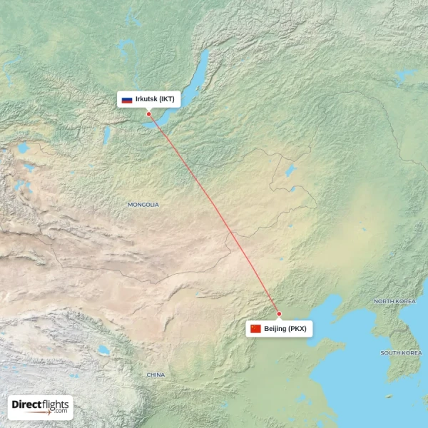 Irkutsk - Beijing direct flight map
