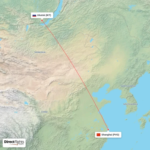 Irkutsk - Shanghai direct flight map