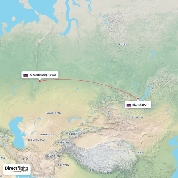 Irkutsk - Yekaterinburg direct flight map