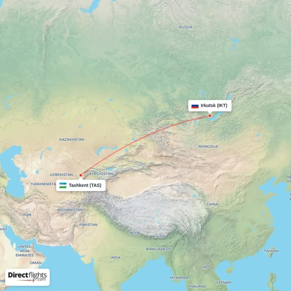 Irkutsk - Tashkent direct flight map