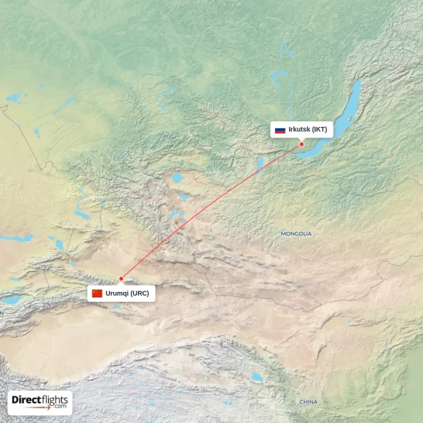 Irkutsk - Urumqi direct flight map