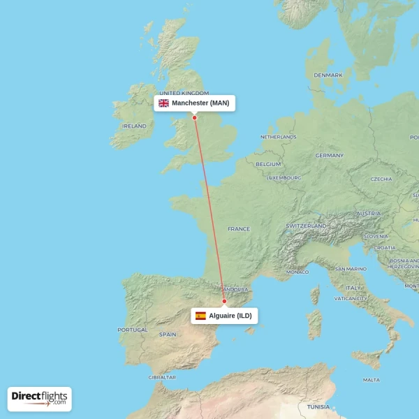 Alguaire - Manchester direct flight map