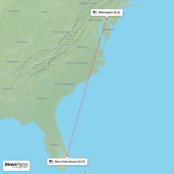 Wilmington - West Palm Beach direct flight map