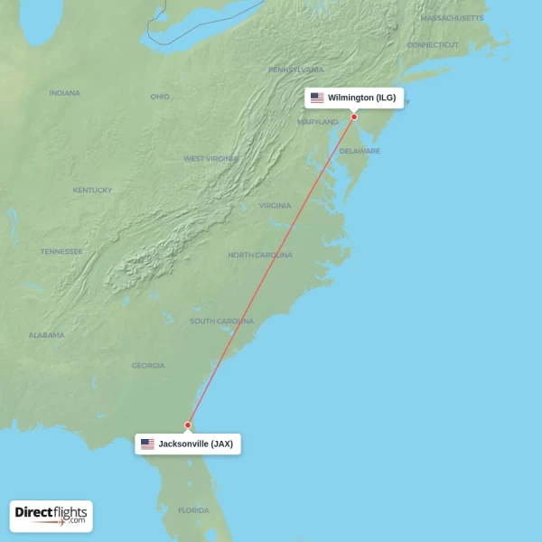 Wilmington - Jacksonville direct flight map