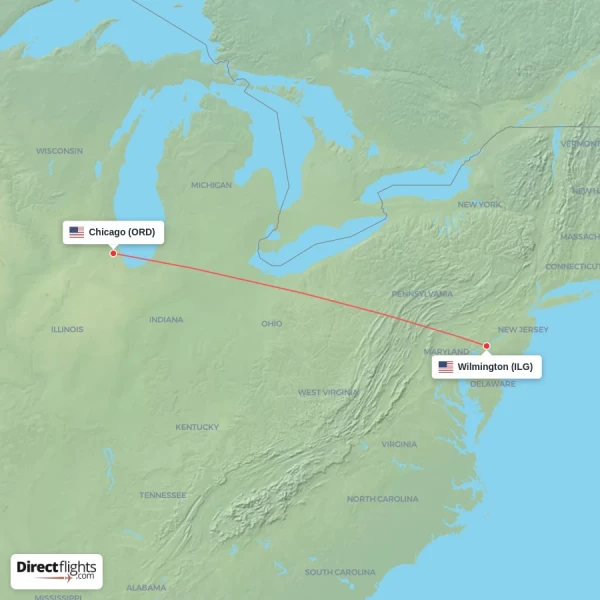 Wilmington - Chicago direct flight map