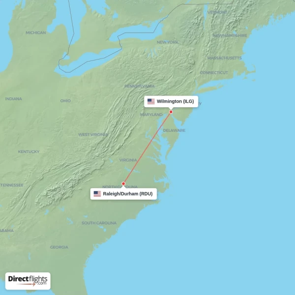 Wilmington - Raleigh/Durham direct flight map