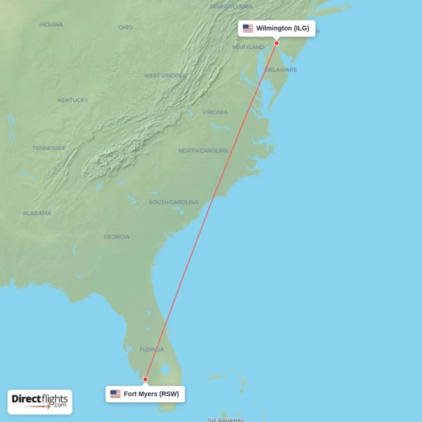 Wilmington - Fort Myers direct flight map