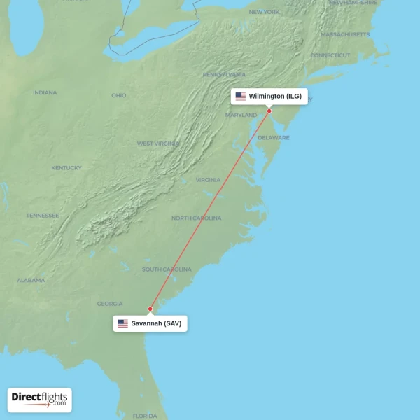 Wilmington - Savannah direct flight map