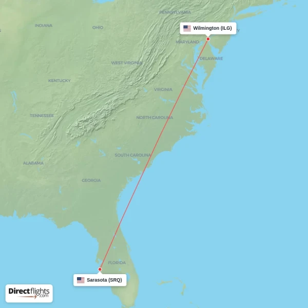 Wilmington - Sarasota direct flight map
