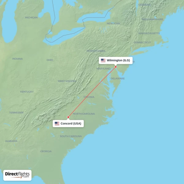 Wilmington - Concord direct flight map