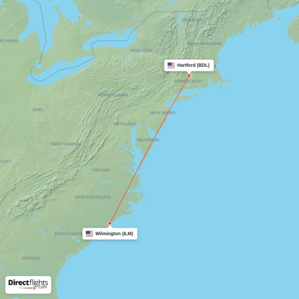 Wilmington - Hartford direct flight map