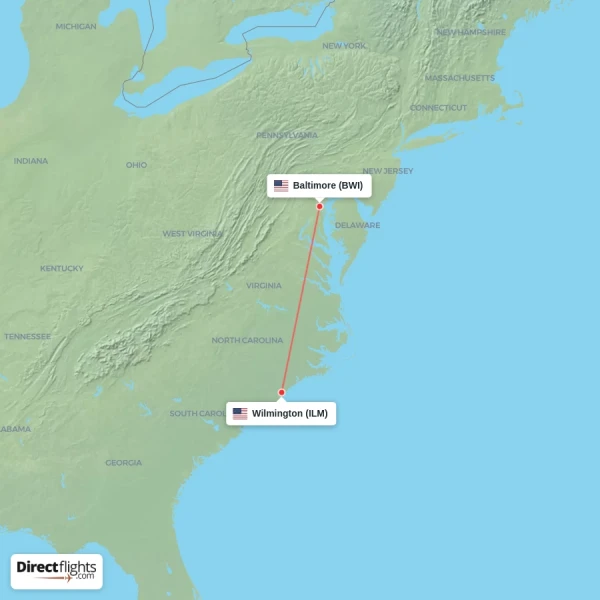 Wilmington - Baltimore direct flight map