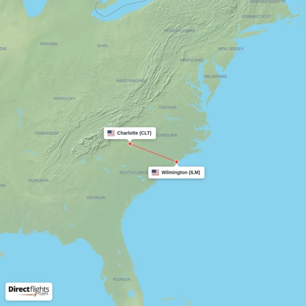 Wilmington - Charlotte direct flight map