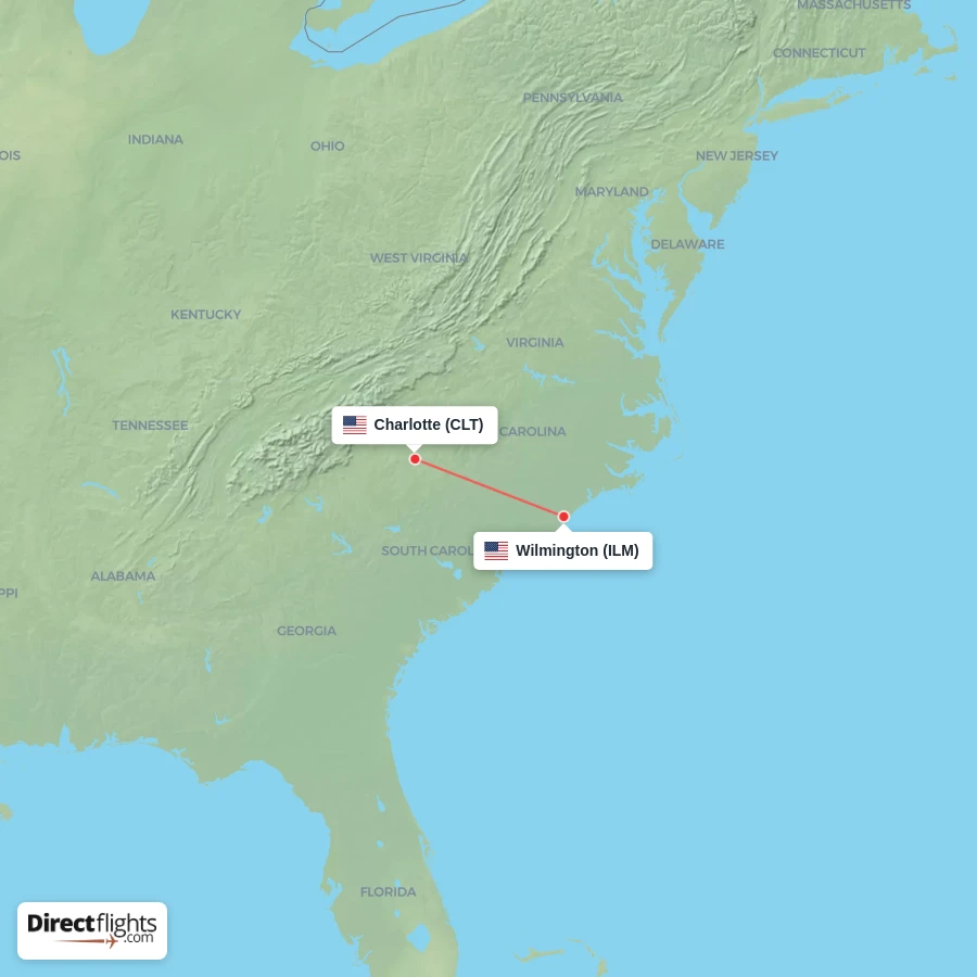 ILM - CLT route map
