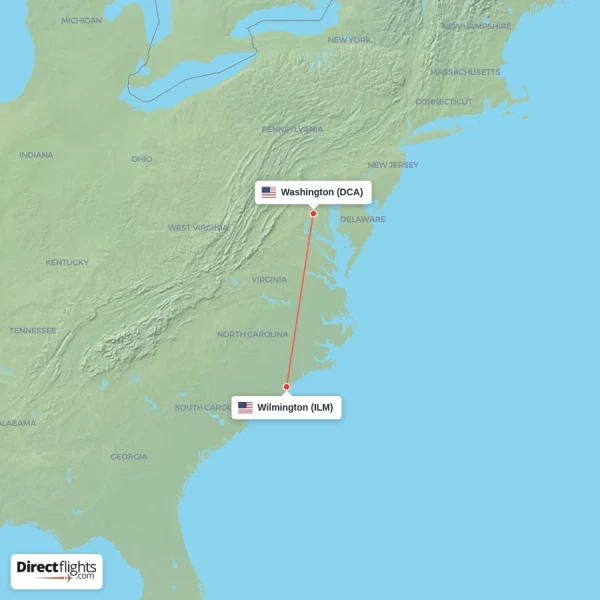 Wilmington - Washington direct flight map