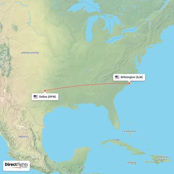 Wilmington - Dallas direct flight map