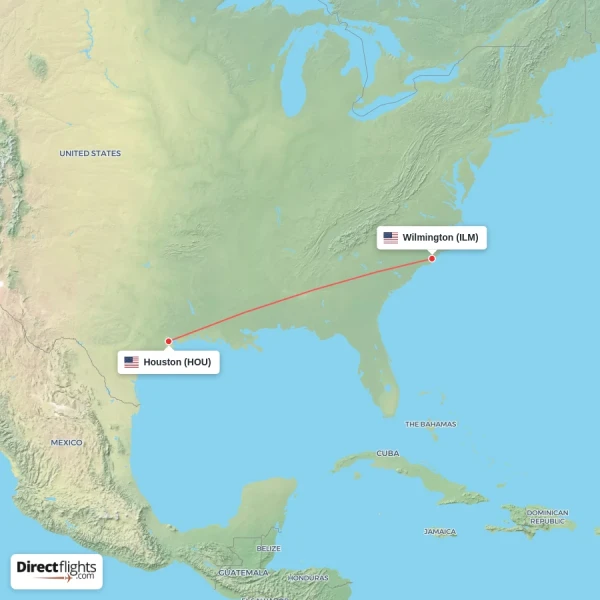 Wilmington - Houston direct flight map