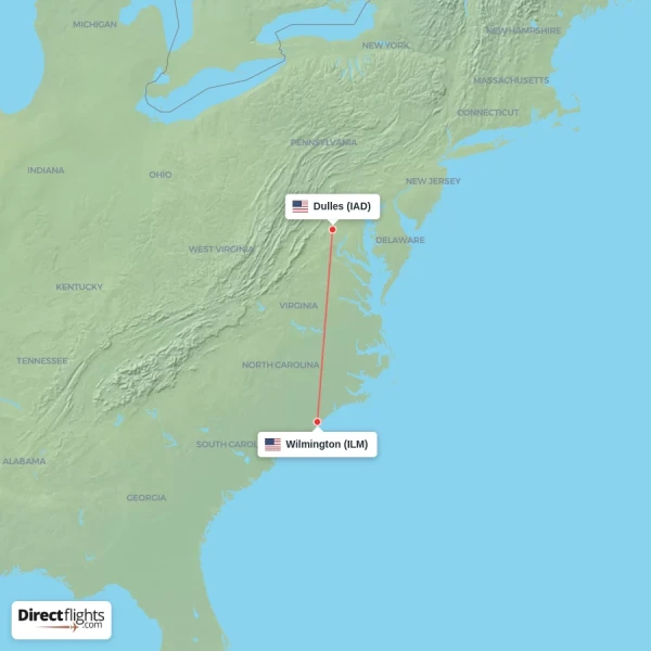 Wilmington - Dulles direct flight map