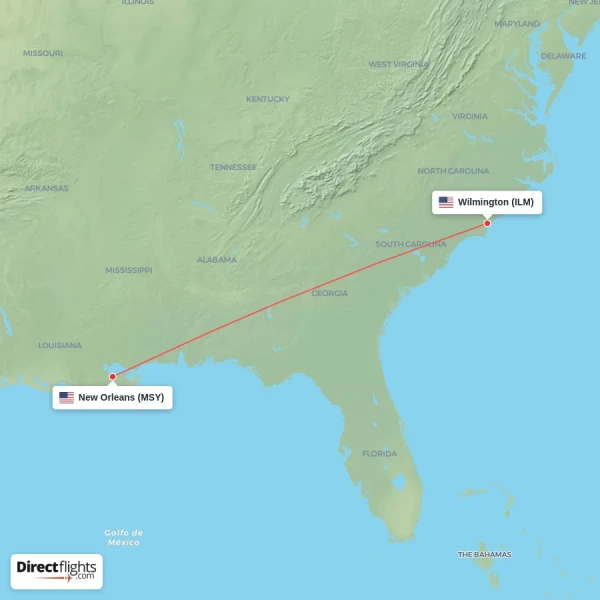 Wilmington - New Orleans direct flight map