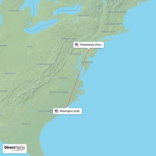 Wilmington - Philadelphia direct flight map