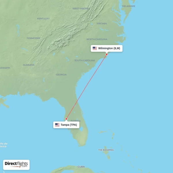 Wilmington - Tampa direct flight map