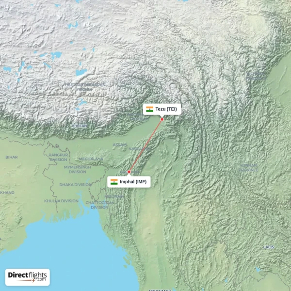 Imphal - Tezu direct flight map