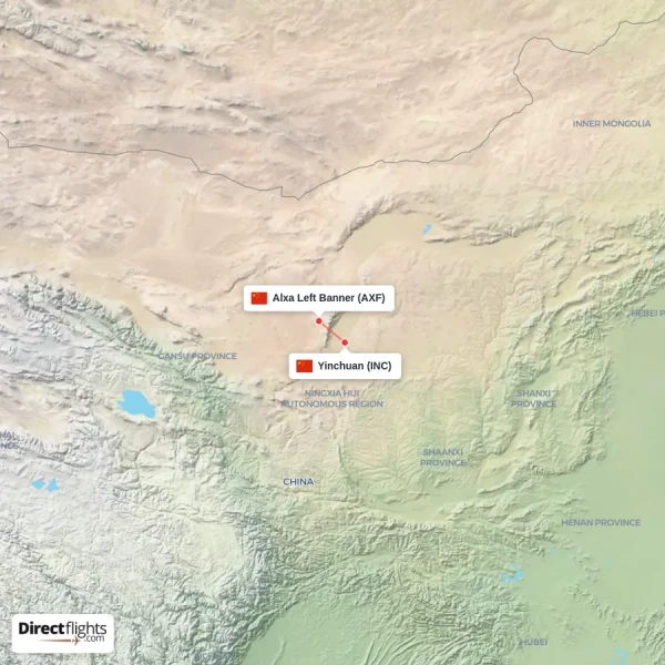 Yinchuan - Alxa Left Banner direct flight map
