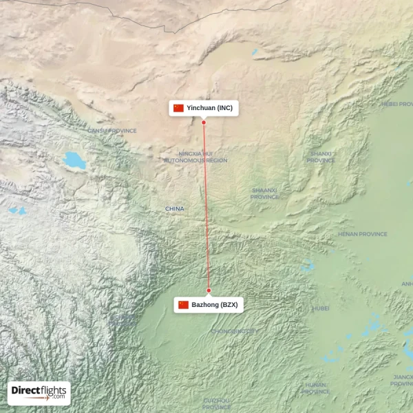Yinchuan - Bazhong direct flight map