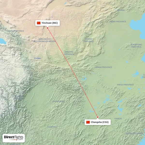 Yinchuan - Changsha direct flight map