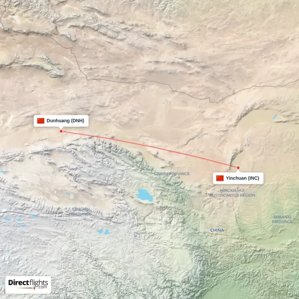 Yinchuan - Dunhuang direct flight map