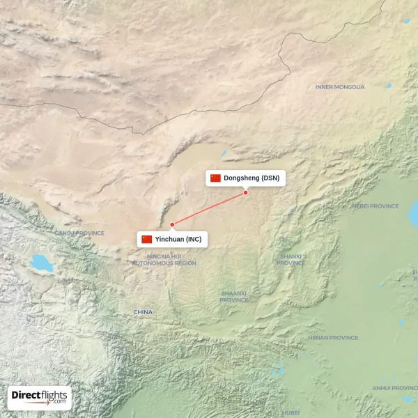 Yinchuan - Dongsheng direct flight map