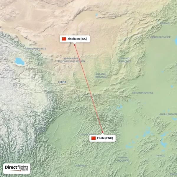 Yinchuan - Enshi direct flight map
