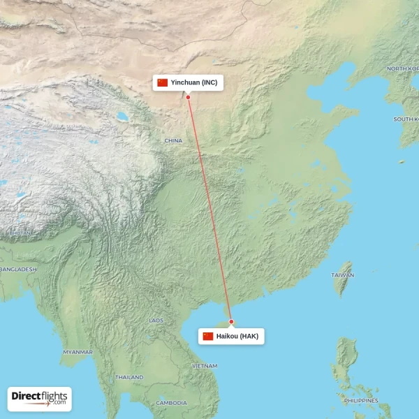 Yinchuan - Haikou direct flight map