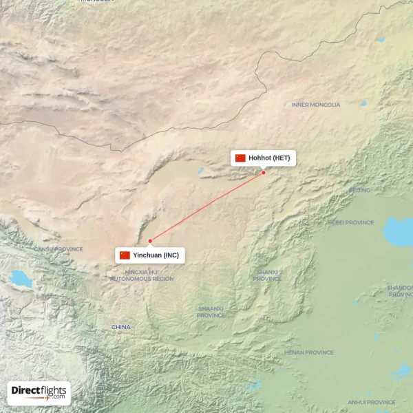 Yinchuan - Hohhot direct flight map