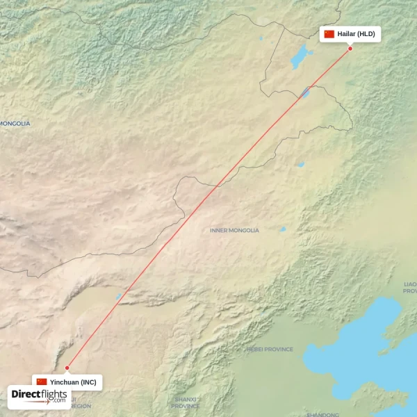 Yinchuan - Hailar direct flight map