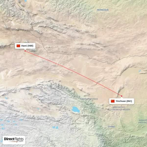 Yinchuan - Hami direct flight map