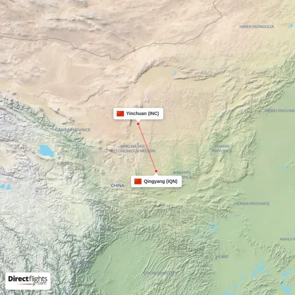 Yinchuan - Qingyang direct flight map