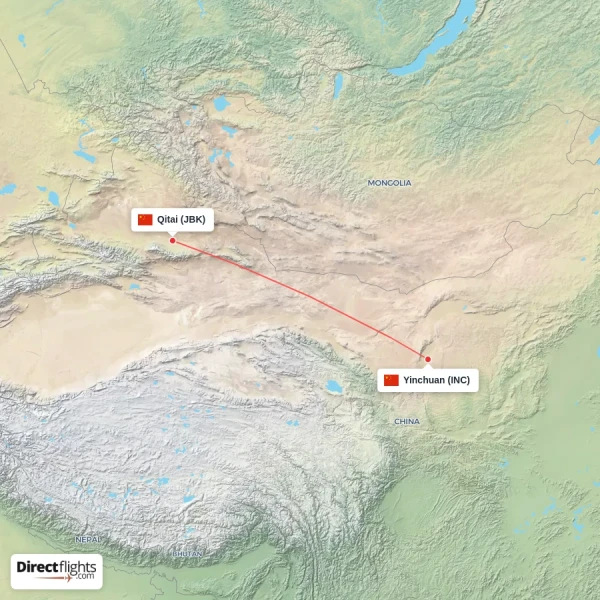 Yinchuan - Qitai direct flight map