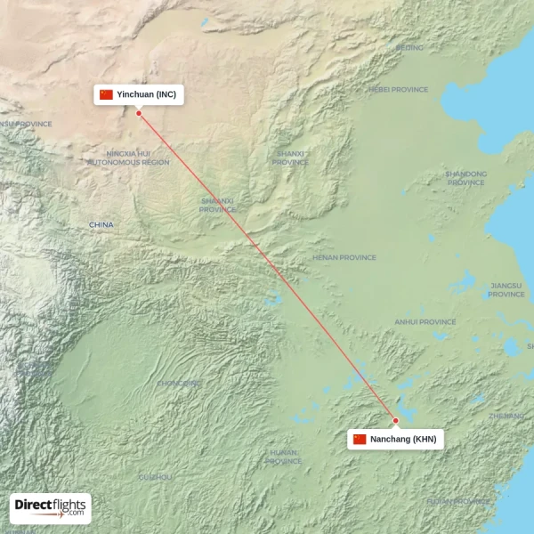 Yinchuan - Nanchang direct flight map